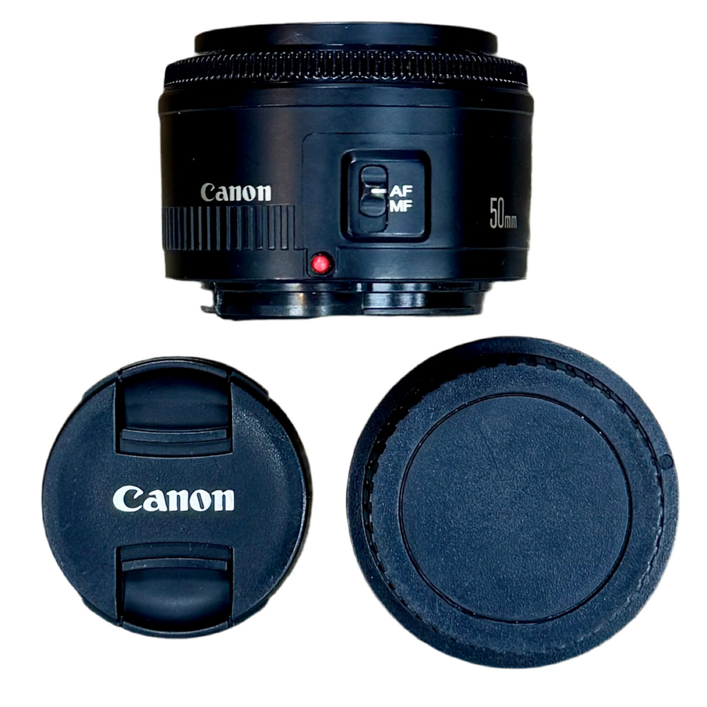 Canon Lens EF 50mm f/1.8 II Camera Lens w/ Front & Rear Caps Canon camera lens with lens cap and front cover on a white background