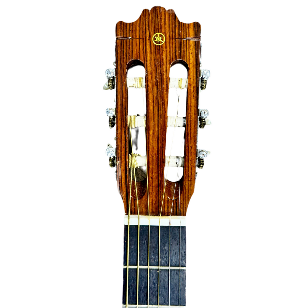Wooden guitar neck with tuning pegs on a white background