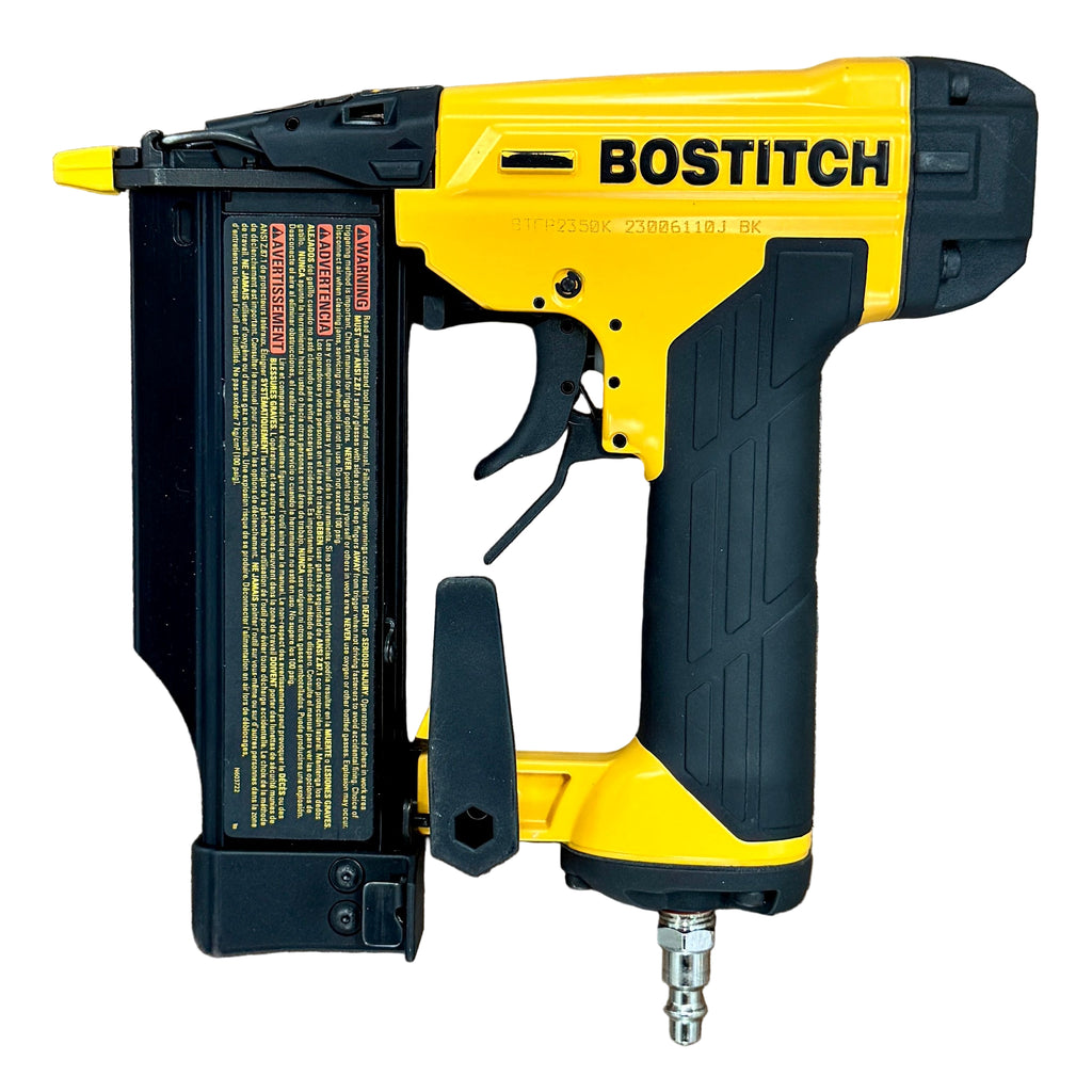 BOSTITCH 23-Gauge 2" Pneumatic Pin Nailer w/ Hard Case (BTFP2350) Bostitch nail gun on a wooden surface