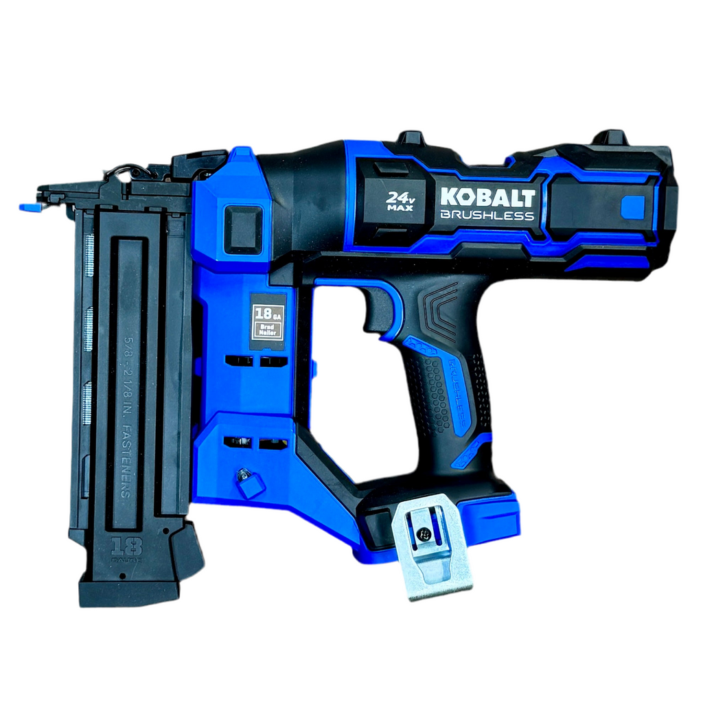 Kobalt XTR 18-Gauge 24V MAX 2-1/8" Brushless Cordless Straight Brad Nailer w/ Battery & Charger (KNA 124B-03) Kobalt nail gun on a white background