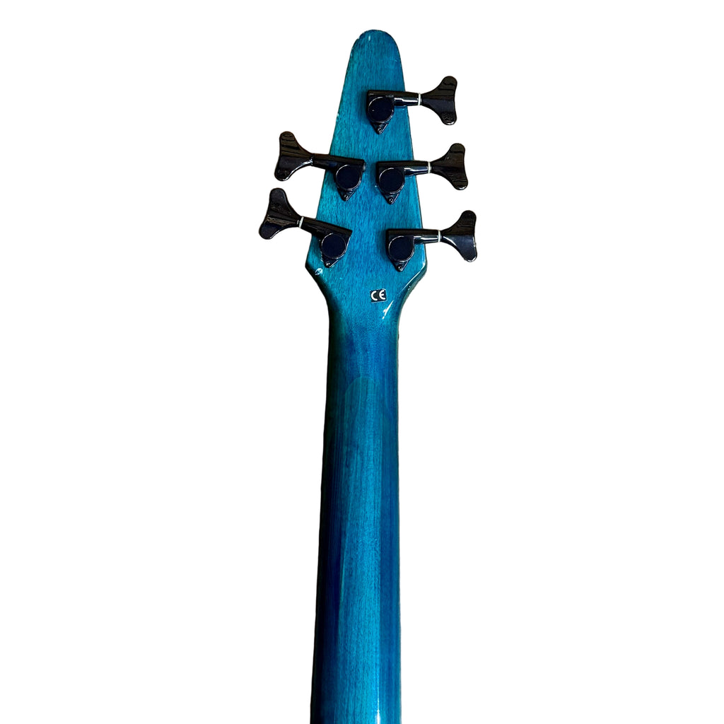 HOHNER PROFESSIONAL B Bass V 5-String Electric Bass Guitar Close-up of a blue electric guitar neck with headstock on a white background