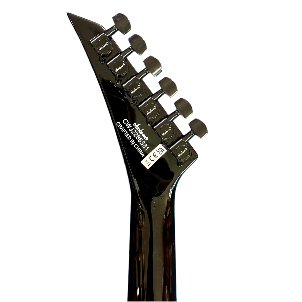 Jackson JS1 Dinky Electric Guitar Close-up of a black electric guitar neck with tuning pegs on a white background