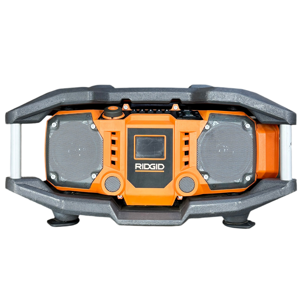 RIDGID 18V Hybrid Jobsite Radio (R84083) Orange and gray tool box with 'Ridgid' branding on a white background
