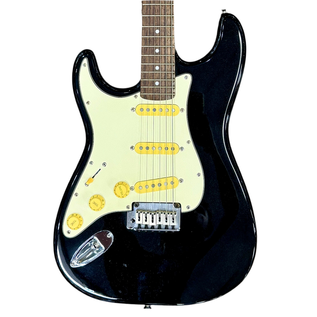Fender Squier Standard Series Stratocaster Left-Handed Electric Guitar w/ Soft Case Black electric guitar with a white pickguard on a white background