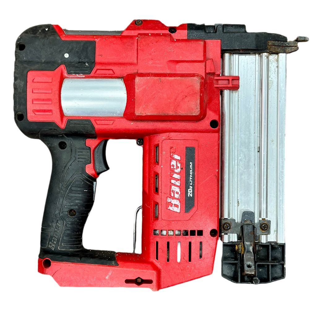 Red and black bauer nail gun with a separate magazine on a white background