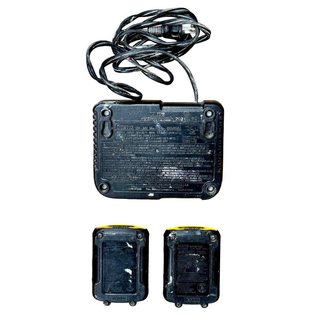 DeWalt 12V MAX 2 AH Lithium Ion Battery Packs (2) w/ DeWalt 12V/20V MAX Lithium Ion Charger (DCB122/DCB112) Black rectangular battery pack with a cable on a wooden surface, accompanied by two smaller black battery packs.