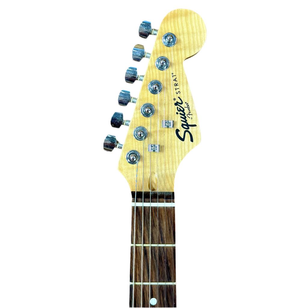 Fender Squier Stratocaster Electric Guitar w/ Hard Case Guitar headstock with 'Squier' branding on a white background