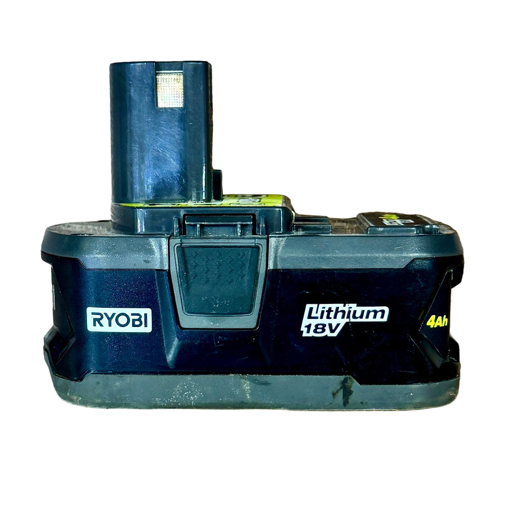 RYOBI ONE+ 18V 4 AH Lithium-Ion Battery Pack (P197) Ryobi lithium-ion battery on a wooden surface