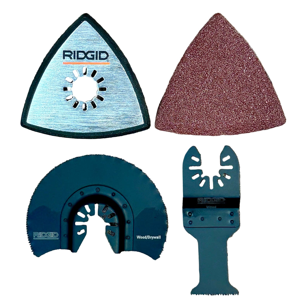 RIDGID 18V Brushless Cordless Oscillating Multi-Tool (R86242) Four Ridgid tool attachments on a wooden surface