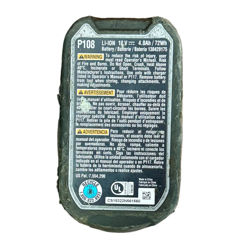 RYOBI ONE+ 18V 4Ah Lithium+ Battery Pack (P108) Battery pack with warning labels and specifications on a white background