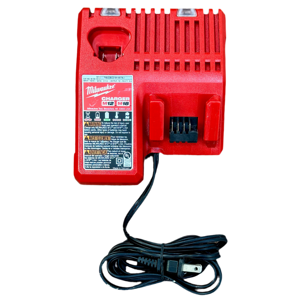 Milwaukee M18 18V & M12 12V Multi-Voltage Charger (48-59-1812) Red Milwaukee battery charger with power cord on a white background