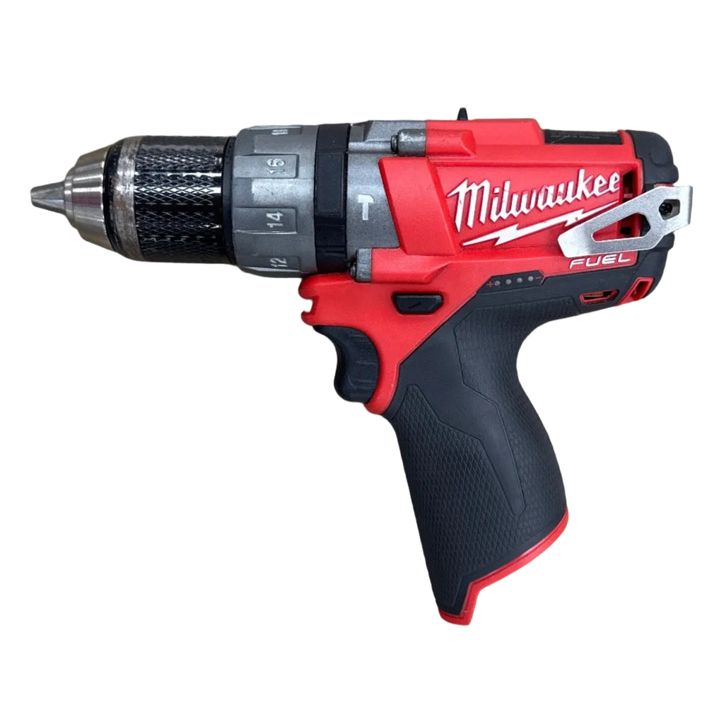 Milwaukee M12 FUEL 12V 1/2" Brushless Cordless Hammer Drill/Driver w/ Battery & Charger (2404-20) Milwaukee drill on a wooden surface