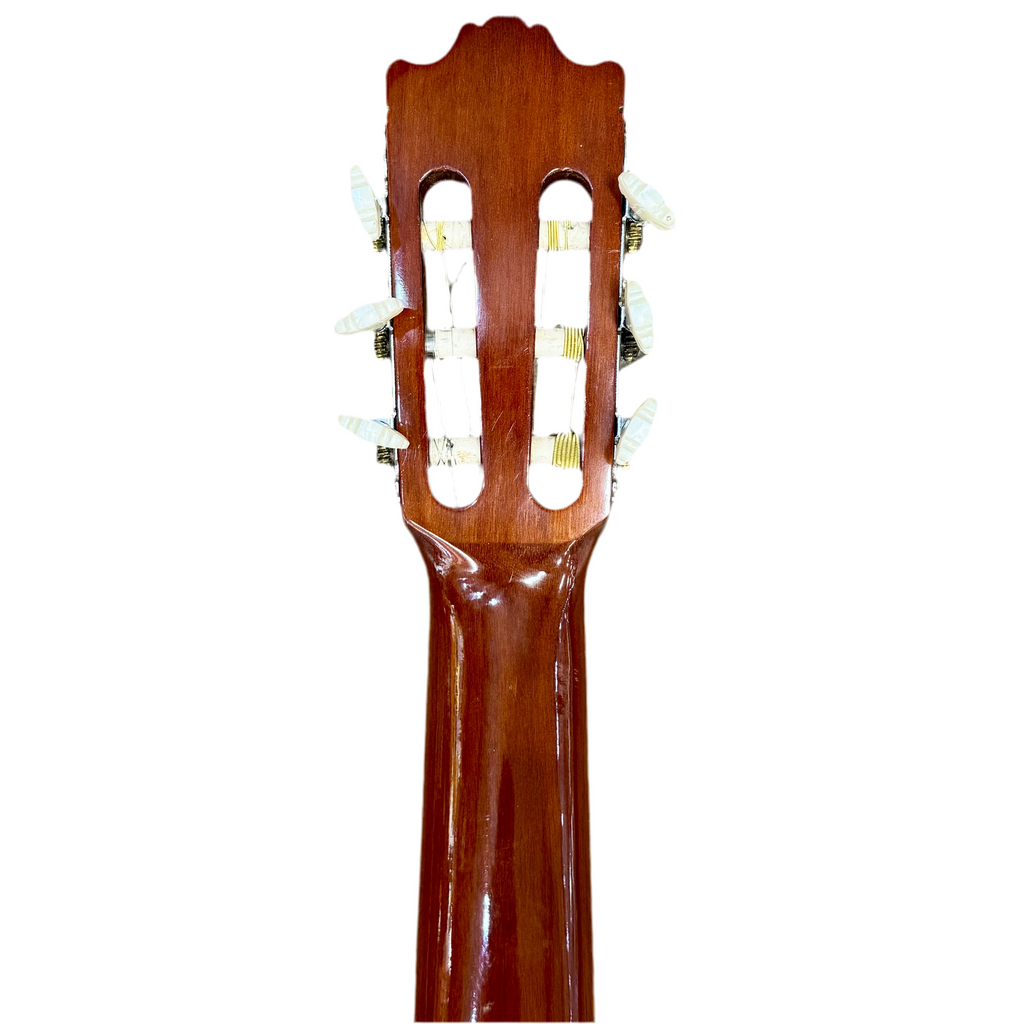 Close-up of a classical guitar's wooden neck and tuning pegs on a white background