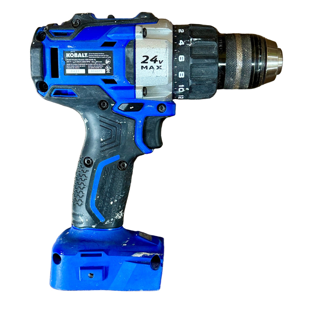 Kobalt 24V MAX 1/2" Brushless Cordless Drill/Driver w/ Battery & Charger (KDD 524B-03) Blue and gray cordless drill on a wooden surface