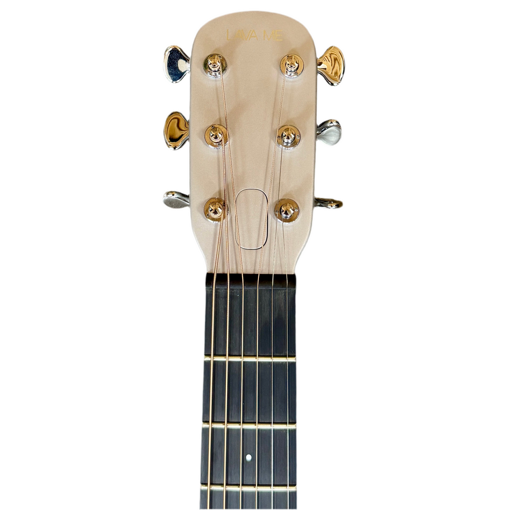 LAVA MUSIC LAVA ME Air Carbon 36" Acoustic-Electric Guitar w/ AirFlow Bag Soft Case Close-up of a guitar headstock with tuning pegs on a white background