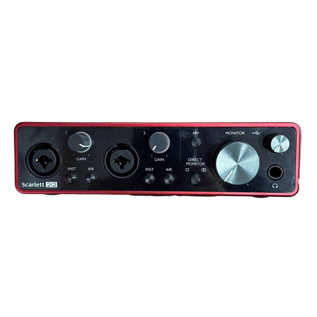 Focusrite Scarlett 2i2 3rd Gen USB Audio Interface Audio interface with Scarlett 2i2 branding on a white background