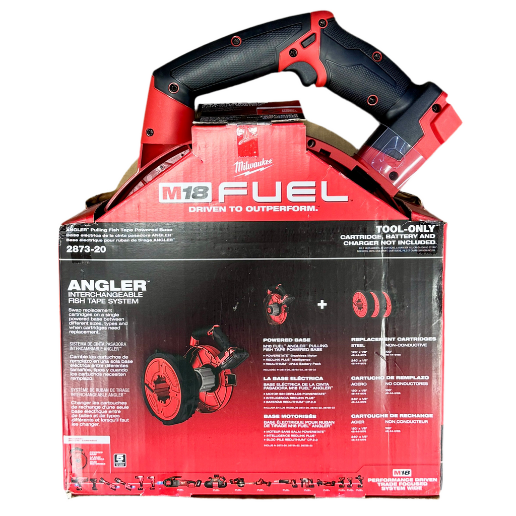 Milwaukee M18 FUEL 18V ANGLER Pulling Fish Tape Powered Base (2873-20) Red and black Milwaukee M18 FUEL tool packaging on a white background