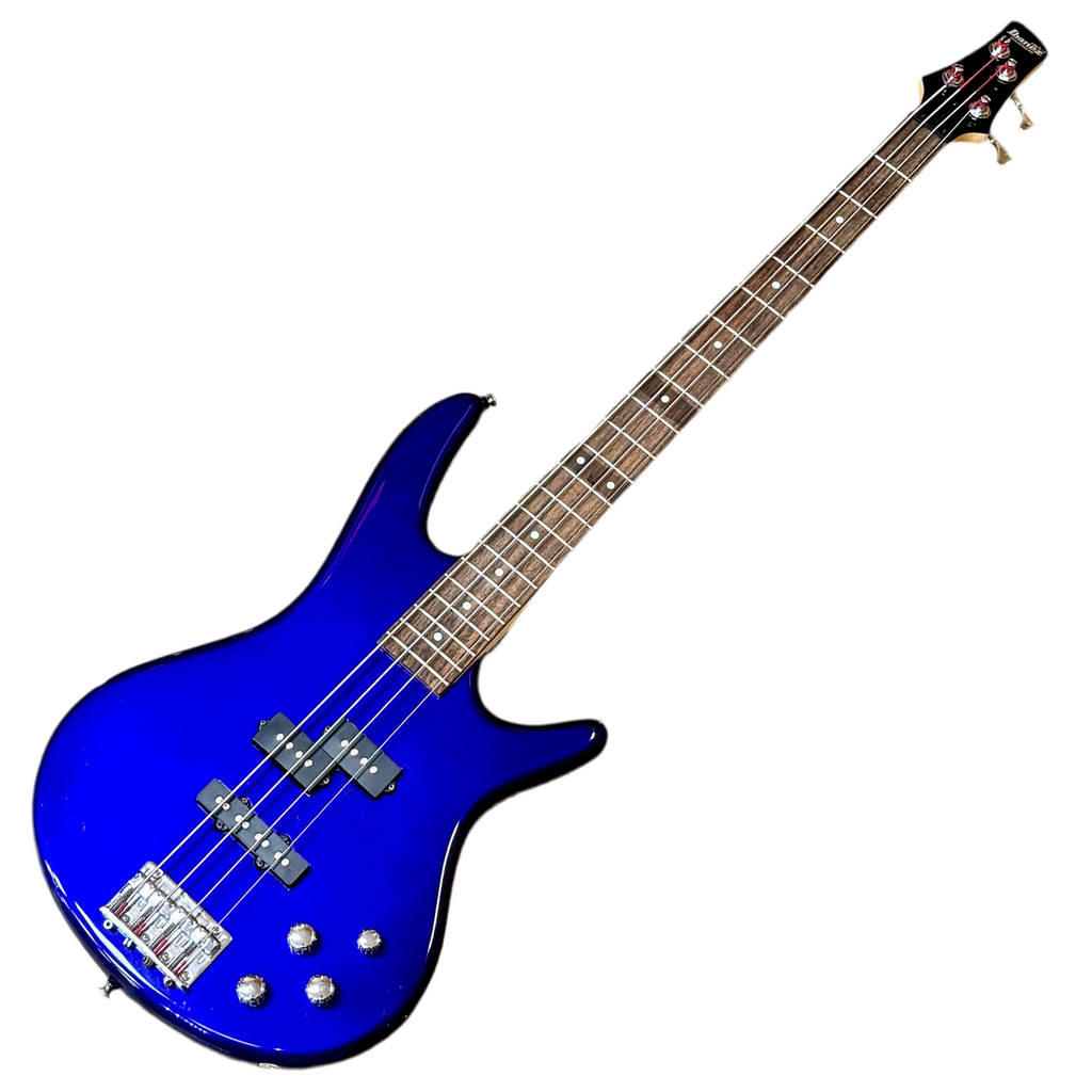 Blue electric bass guitar on a white background