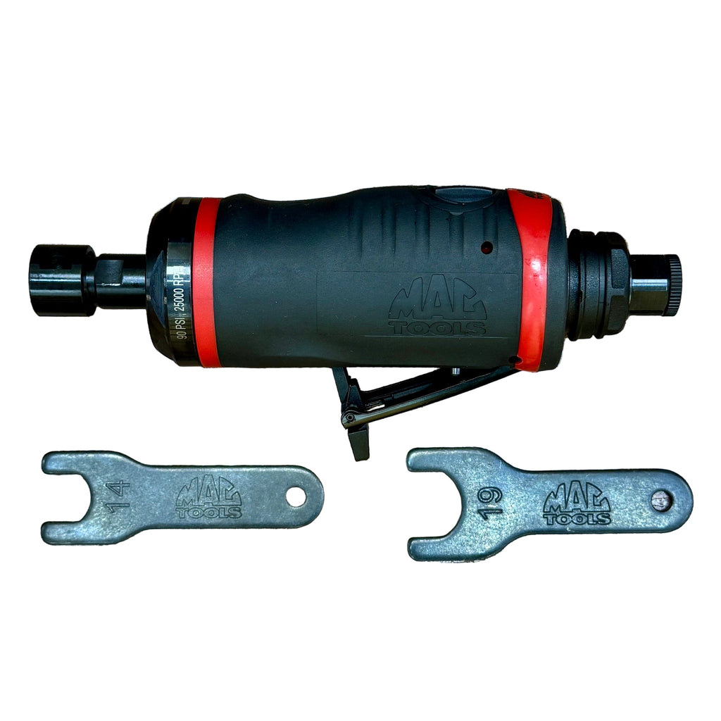 MAC TOOLS 1/4” Collet Premium 0.5 HP Pneumatic Straight Air Medium Die Grinder (AG525S) Black and red air tool with two wrenches on a wooden surface