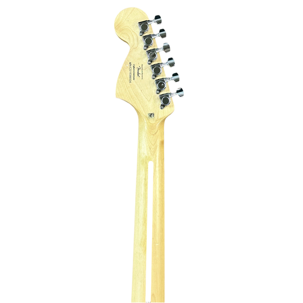 Fender Squier Mustang Electric Guitar headstock with tuning pegs on a white background