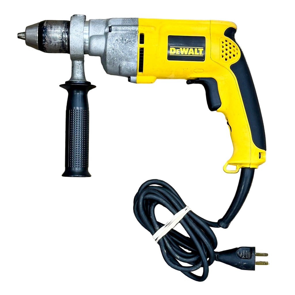 DeWalt 7.8-Amp 1/2" Corded VSR Drill (DW246) Yellow and black Dewalt drill with power cord on a white background