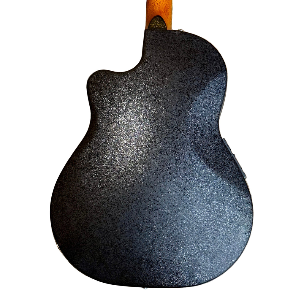 Schecter DIAMOND SERIES Acoustic-Electric Guitar w/ Hard Case Black guitar body on a wooden floor