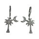 .925 Sterling Silver .49CTW Lab Diamond Palmetto Tree and Crescent Moon Dangle Earrings Palm tree and moon earrings on a white background