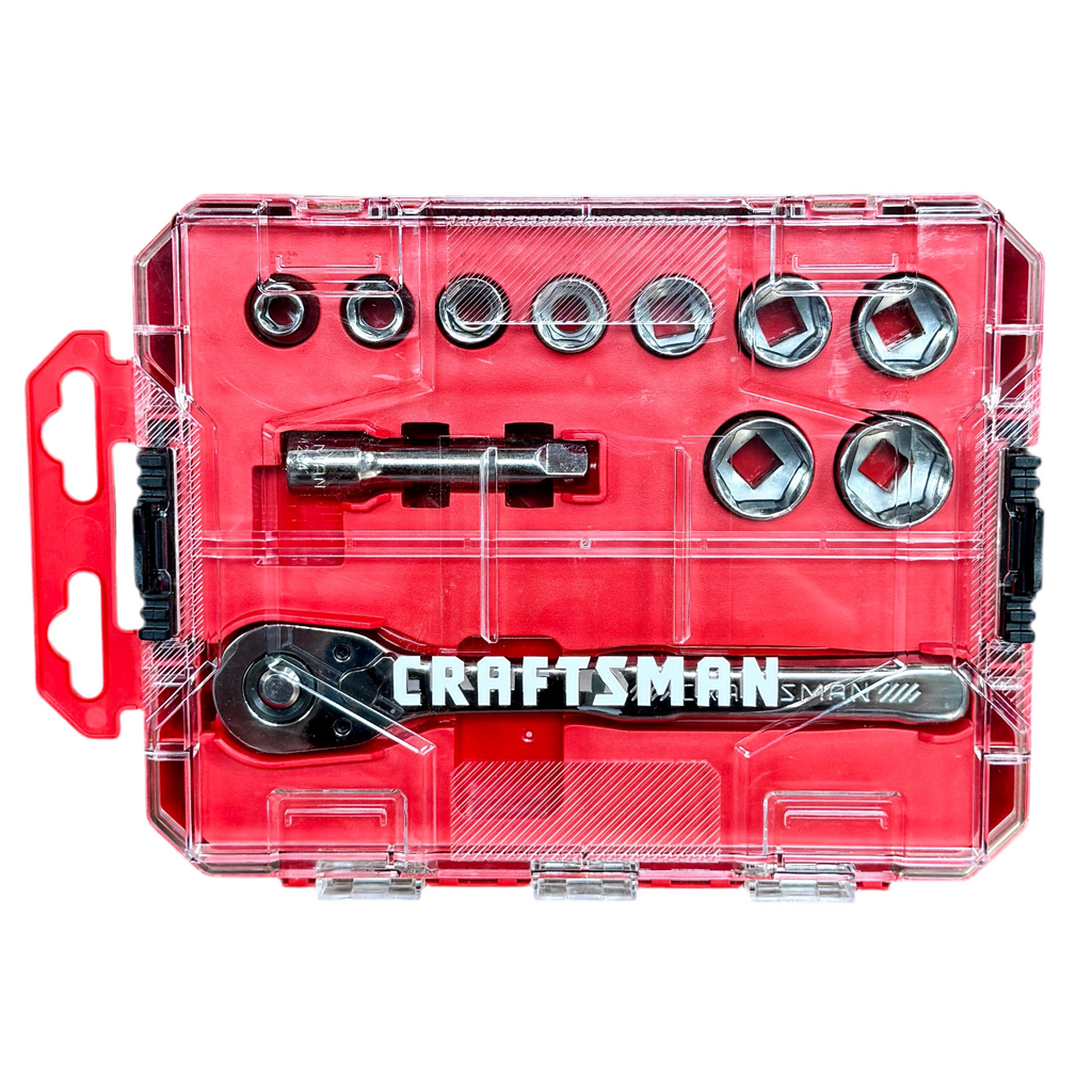 Craftsman 11 piece ratchet and socket tool set in a red and clear plastic case on a white background