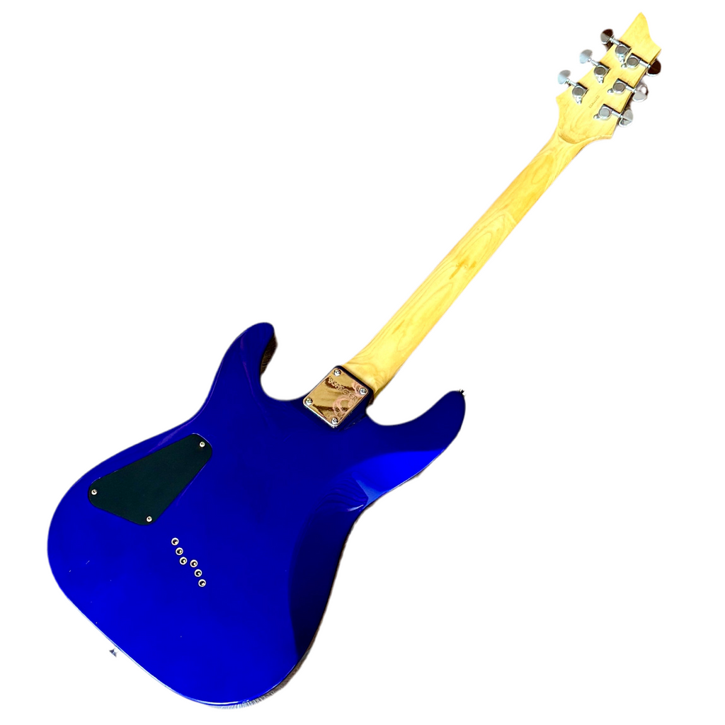 Schecter Diamond Series OMEN-6 Electric Guitar Blue electric guitar with a yellow neck on a white background