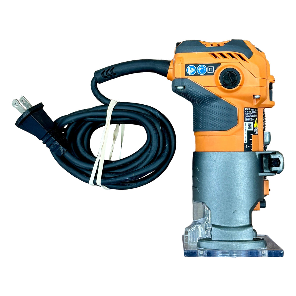 RIDGID 5.5-Amp Corded Compact Fixed-Base Router (R24012) Orange and gray power tool with black cord on a wooden surface