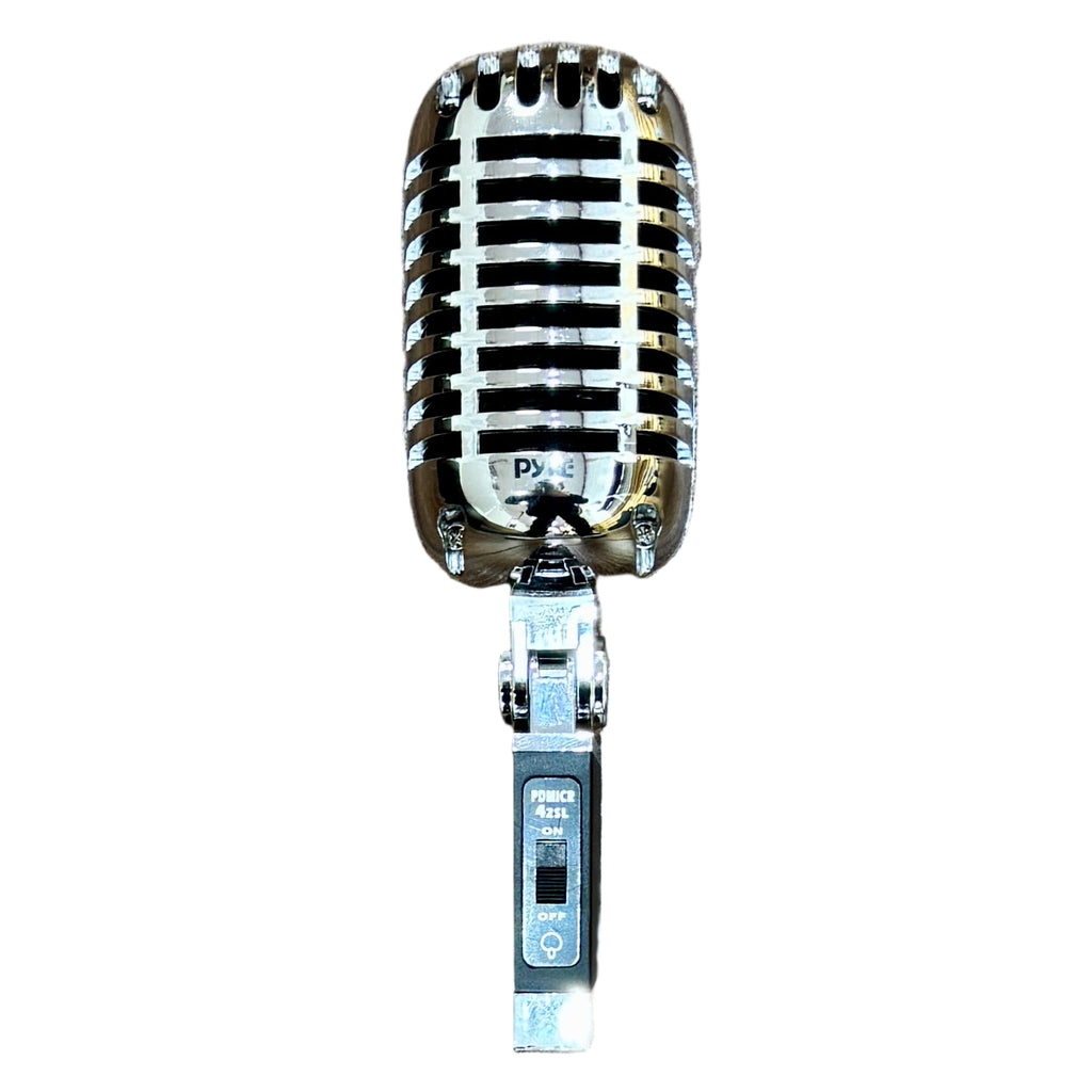 PYLE PDMICR42 Retro Cardioid Dynamic Vocal Microphone w/ XLR Cable - Silver Vintage-style microphone with chrome grill on a white background