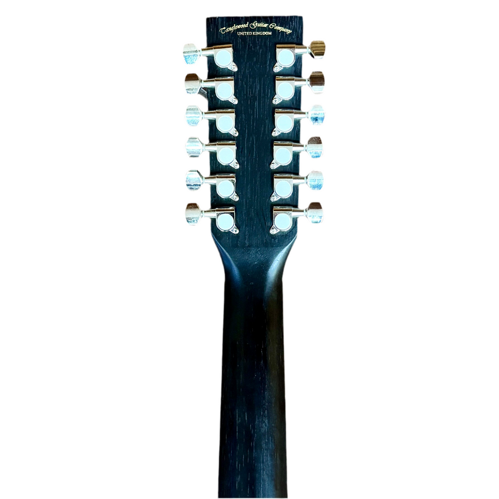 Tanglewood Blackbird TWBBSFCE12 12-String Acoustic-Electric Guitar Close-up of a guitar headstock with tuning pegs on a white background
