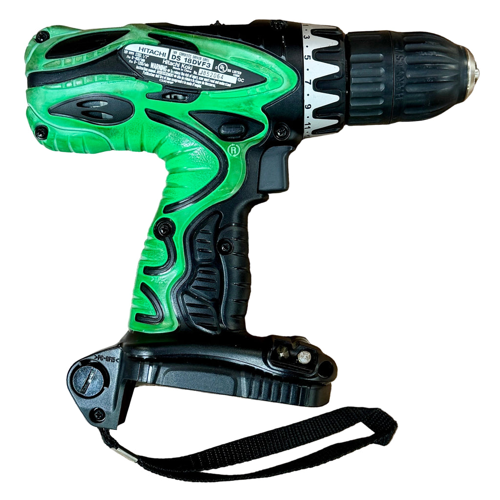 HITACHI 18V 1/2" Cordless Drill/Driver w/ 3 Batteries, Charger, & Hard Case (DS18DVF3) Green and black cordless drill on a white background