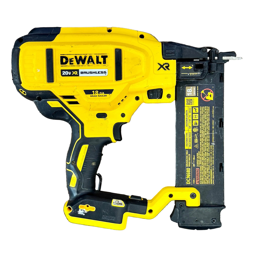 DeWalt 20V MAX XR 18-Gauge 2-1/8" Brushless Cordless Brad Nailer w/ Battery (DCN680) Yellow and black Dewalt nail gun on a wooden floor