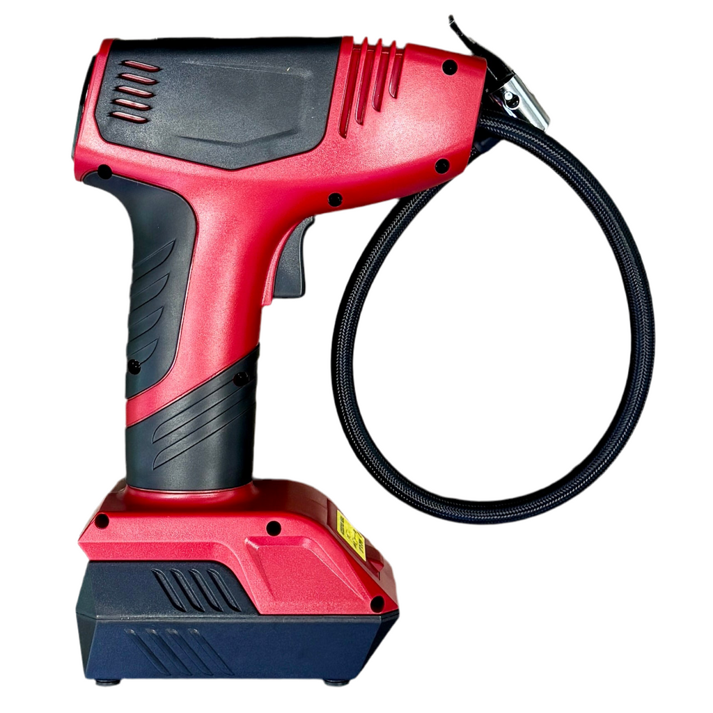 BULLSEYE PRO Digital Tire Inflator w/ Pressure Gauge w/ Travel Bag & Accessories (9475B-BAT) Red and black cordless drill on a white background