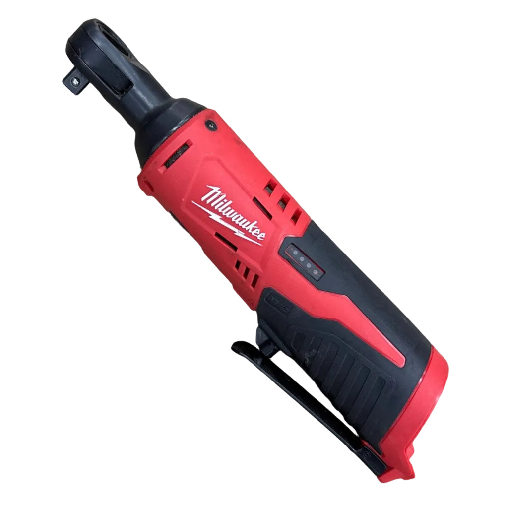 Milwaukee M12 12V 3/8" Cordless Ratchet (2457-20) Red and black Milwaukee tool on a white background