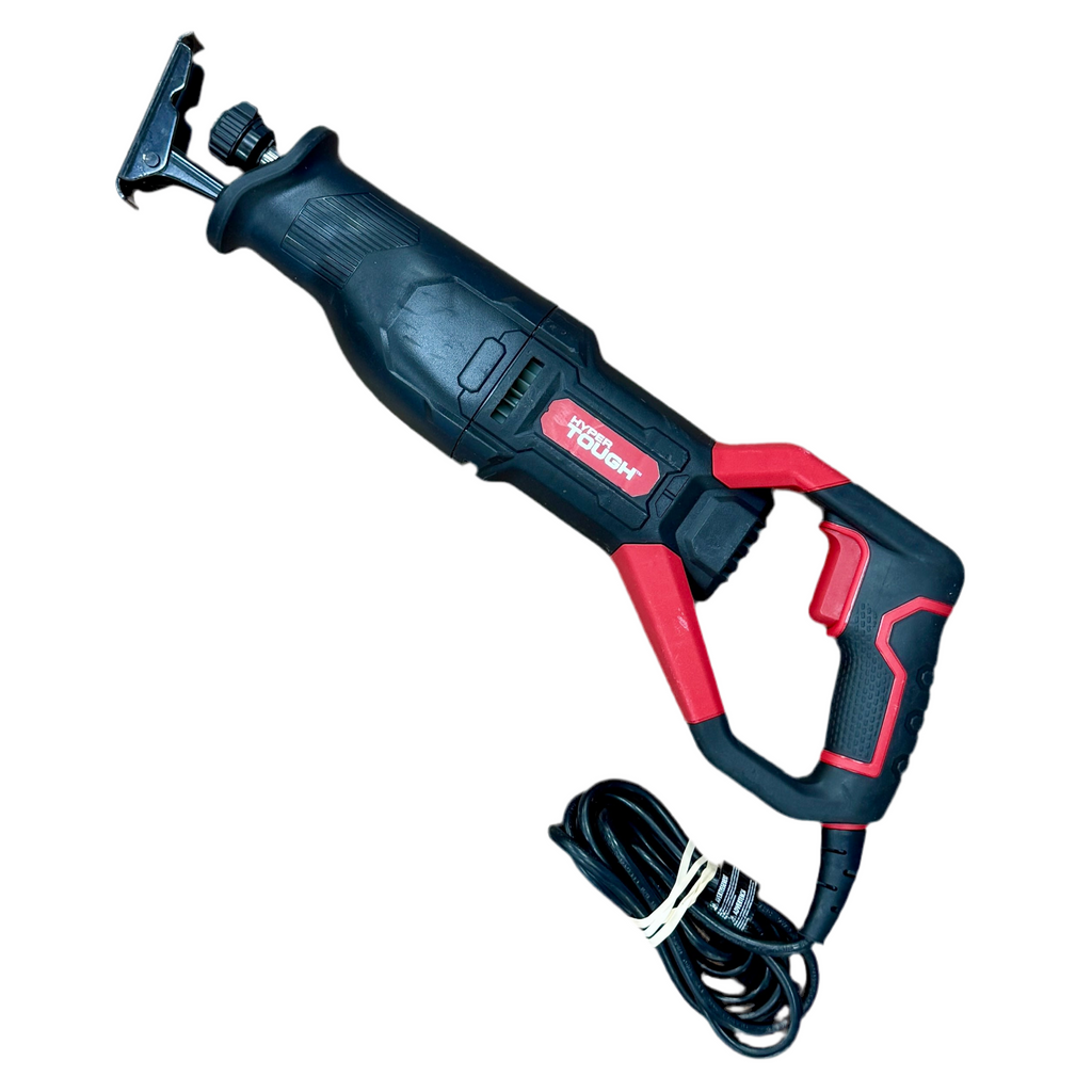 Reciprocating saw with black and red design on a white background
