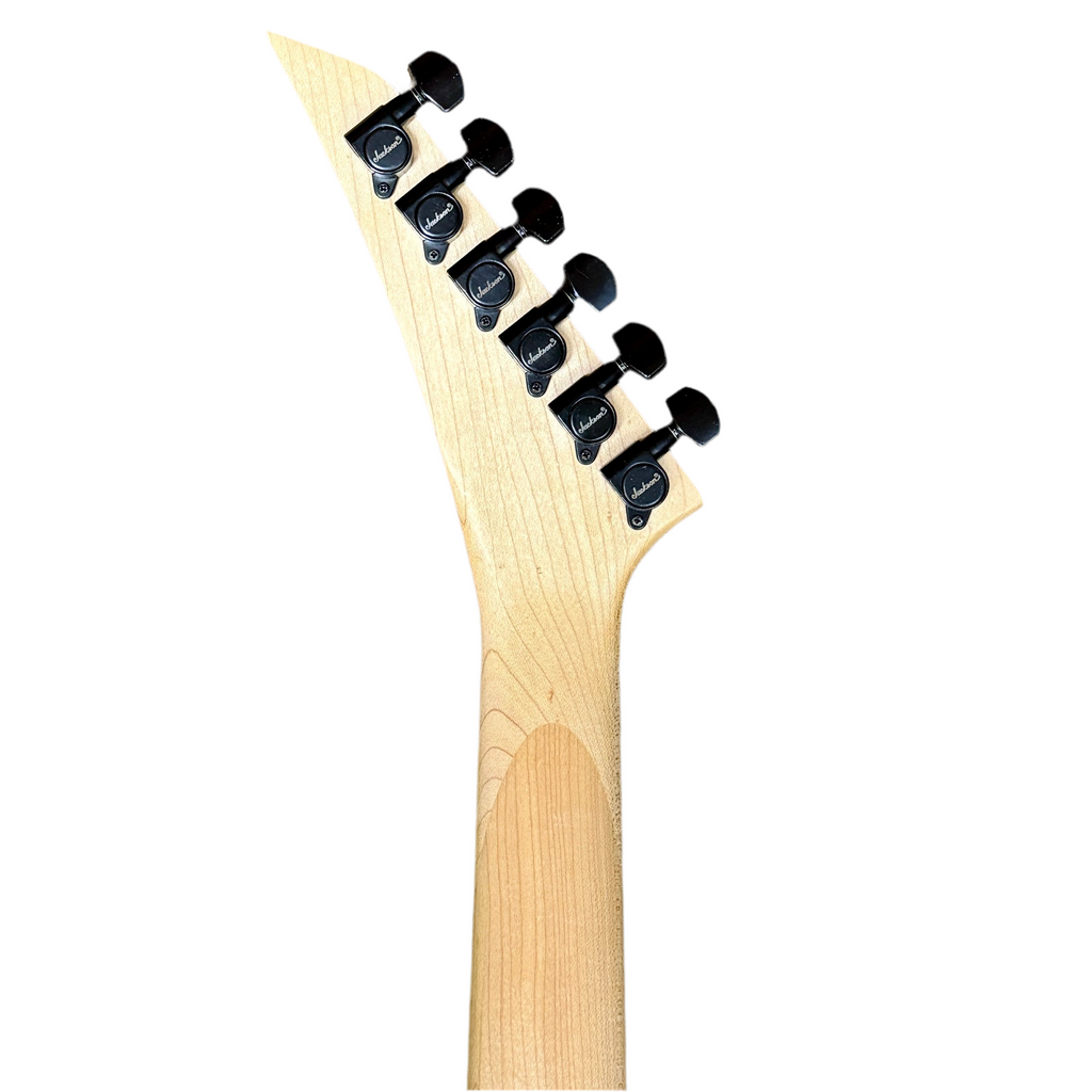 Jackson JS34Q Dinky DKAM Electric Guitar w/ Hard Case Close-up of a guitar neck with tuning pegs on a white background