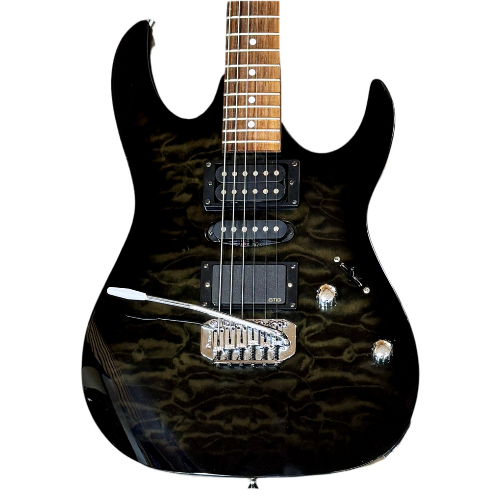 Ibanez GIO GS110700677 Electric Guitar Black electric guitar with a wooden fretboard on a white background