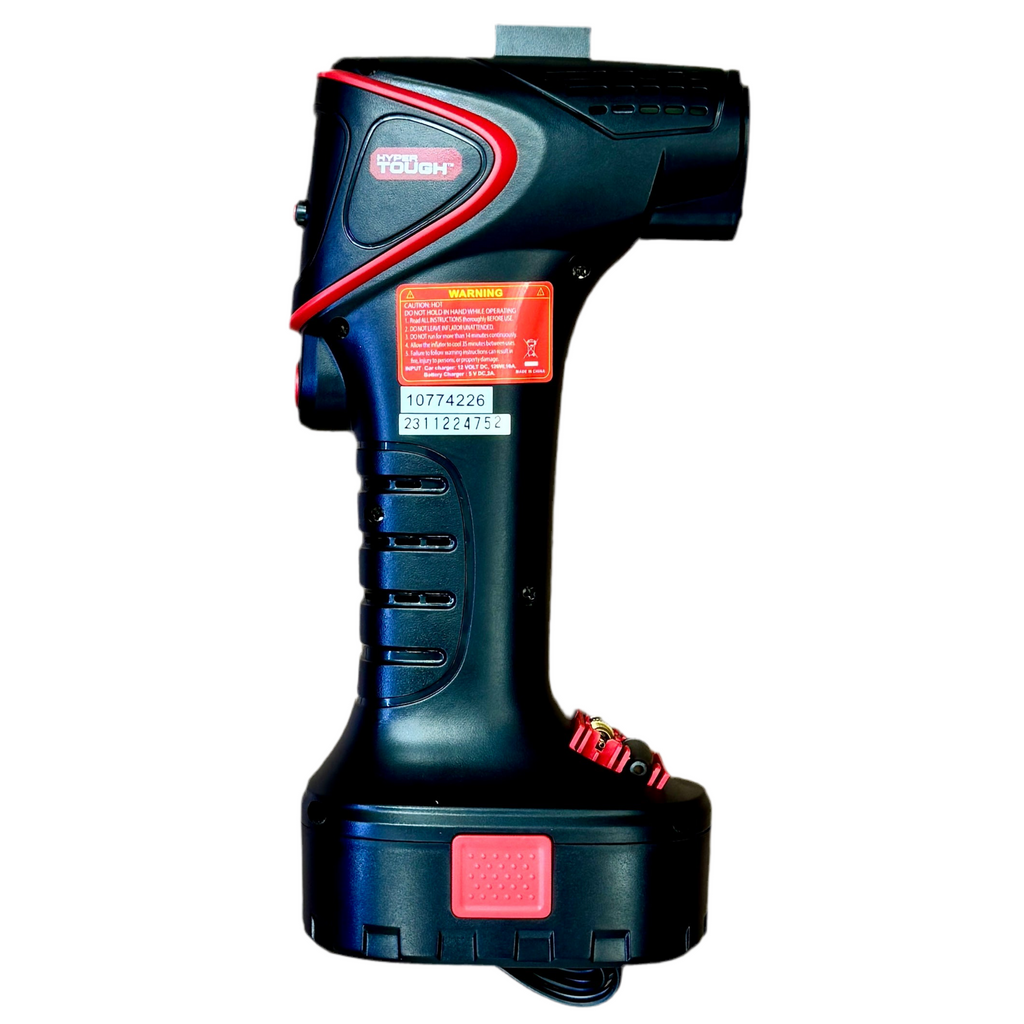 HYPER TOUGH DC12V Cordless Portable Pistol Tire Inflator w/ Battery & Carry Bag (10774226) Black and red cordless drill on a white background