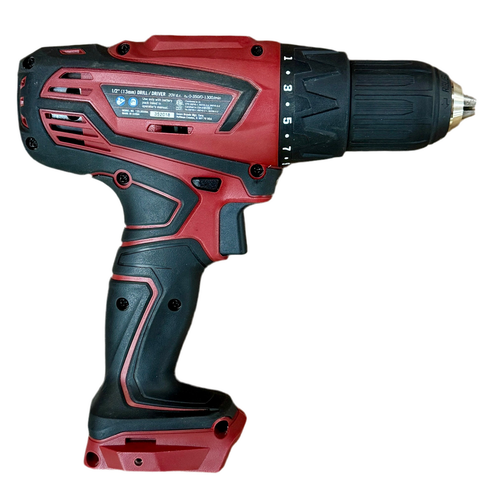 CRAFTSMAN 20V 1/2" Cordless Drill/Driver w/ Battery & Charger (125.DD20A) Red and black cordless drill on a white background