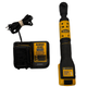 DeWalt XR18+ 1/2 in. square drive impact wrench with a black and yellow battery, shown alongside a black and yellow DeWalt charger and a black power cord on a white background.