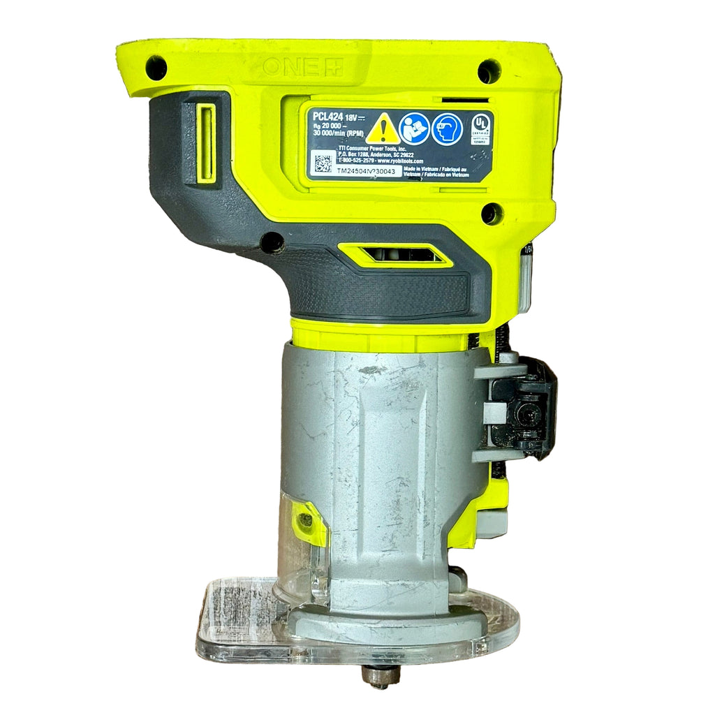 RYOBI ONE+ 18V Cordless Compact Fixed Base Router w/ Battery & Charger (PCL424) Yellow and gray power tool on a wooden surface