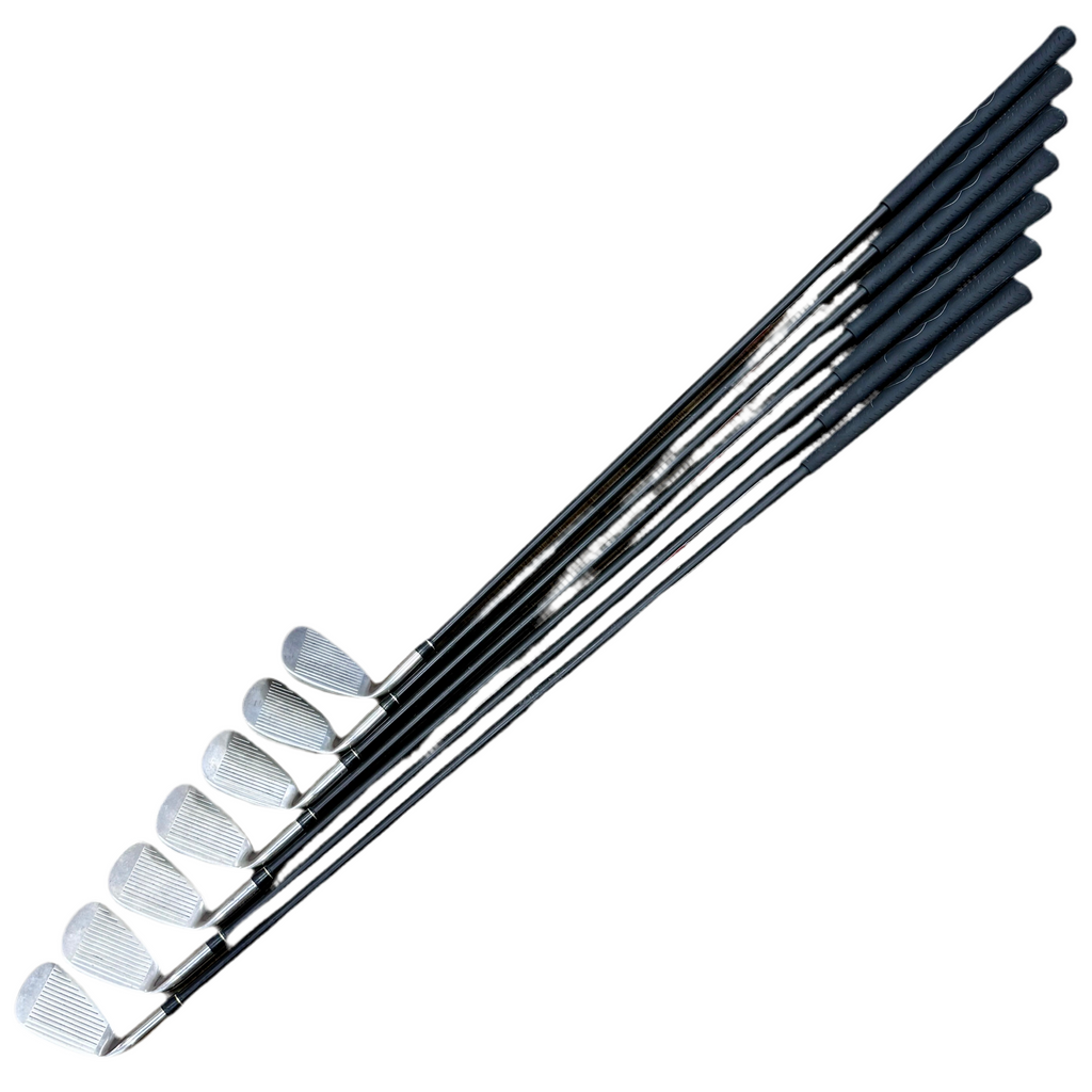 TaylorMade rac OS 7-Piece Iron Set RH Golf Clubs (3-9) Set of golf clubs with white club heads on a white background