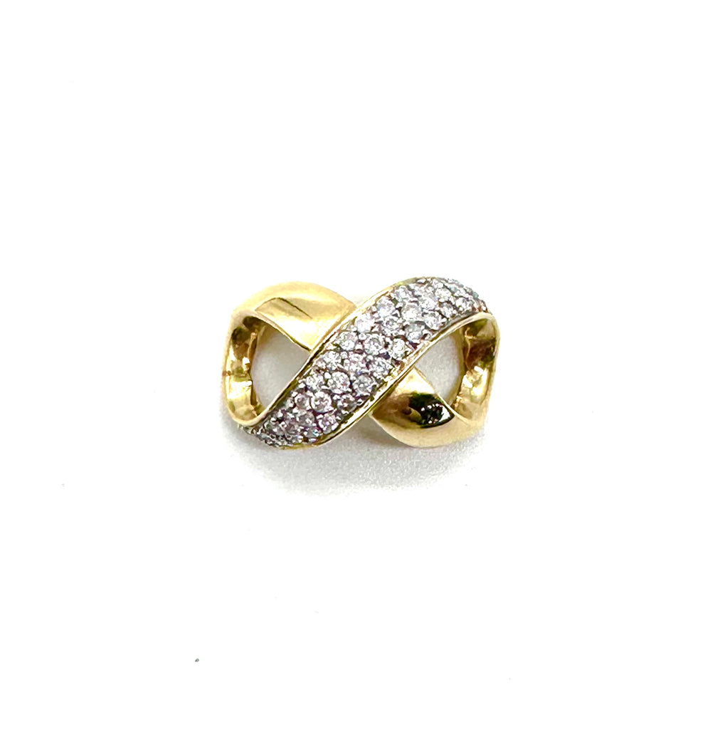 Gold ring with embedded diamonds on a white background