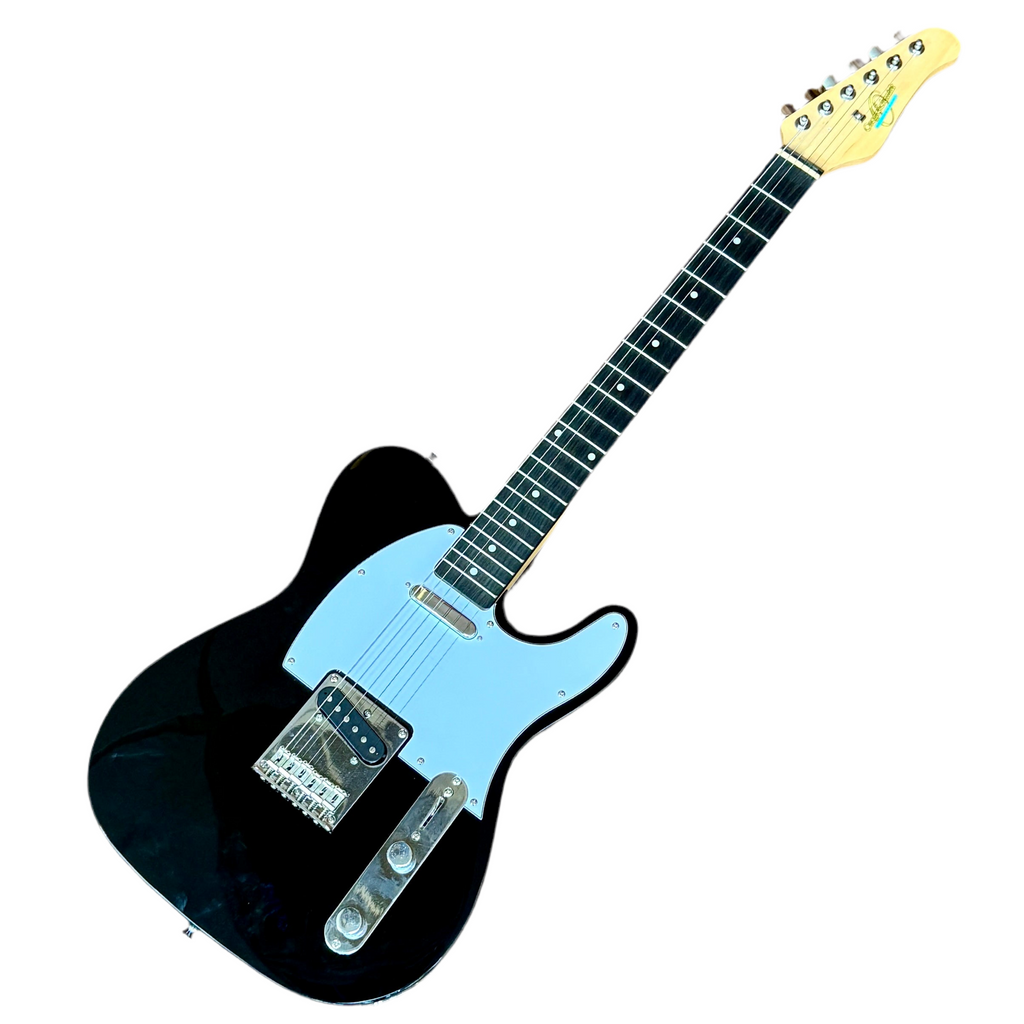 Electric guitar with black body and light blue pickguard on a white background