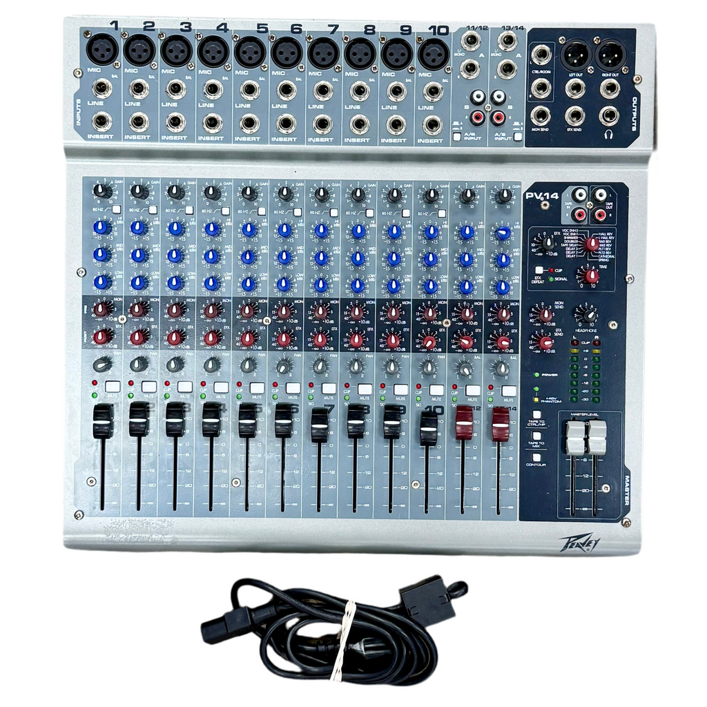 Peavey audio mixer with cables on a white background