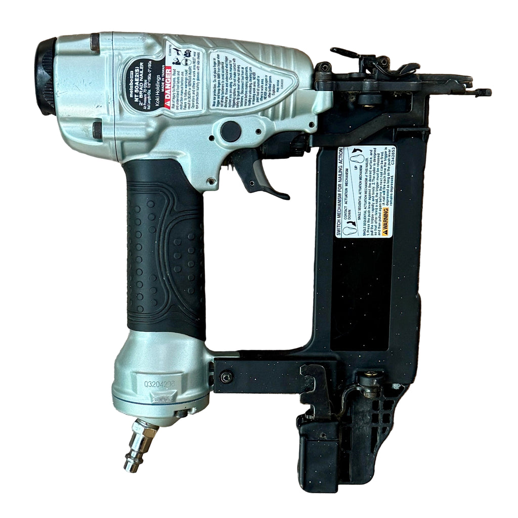 Metabo HPT 18-Gauge 2" Pneumatic Brad Nailer w/ Hard Case (NT50AE2S) Nail gun on a wooden surface