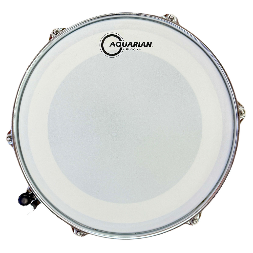 SONOR MARTINI Steel Shell Snare Drum w/ Aquarian Studio-X & REMO UX Drum Heads Clear drum head with Aquarian logo on a white background