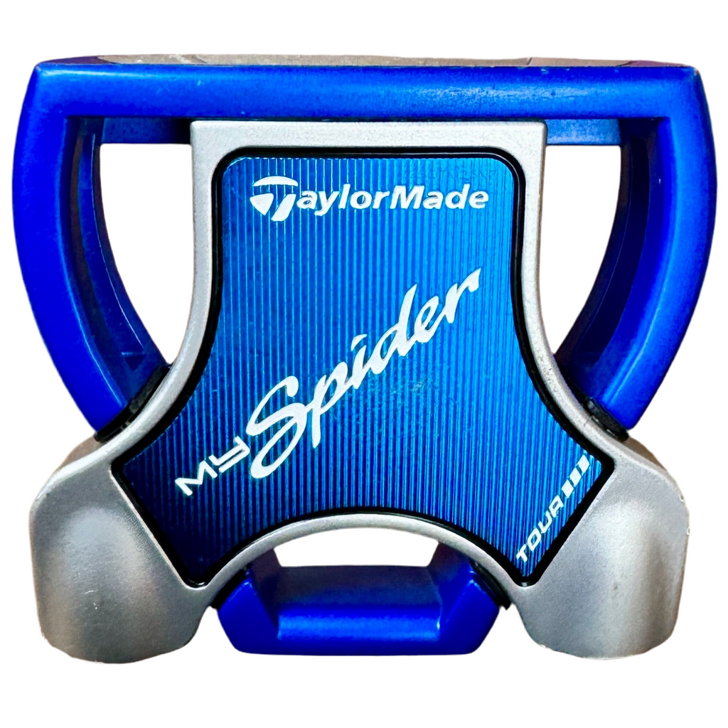 TaylorMade MySpider Tour Putter RH Golf Club Blue and silver TaylorMade golf putter on a white background
